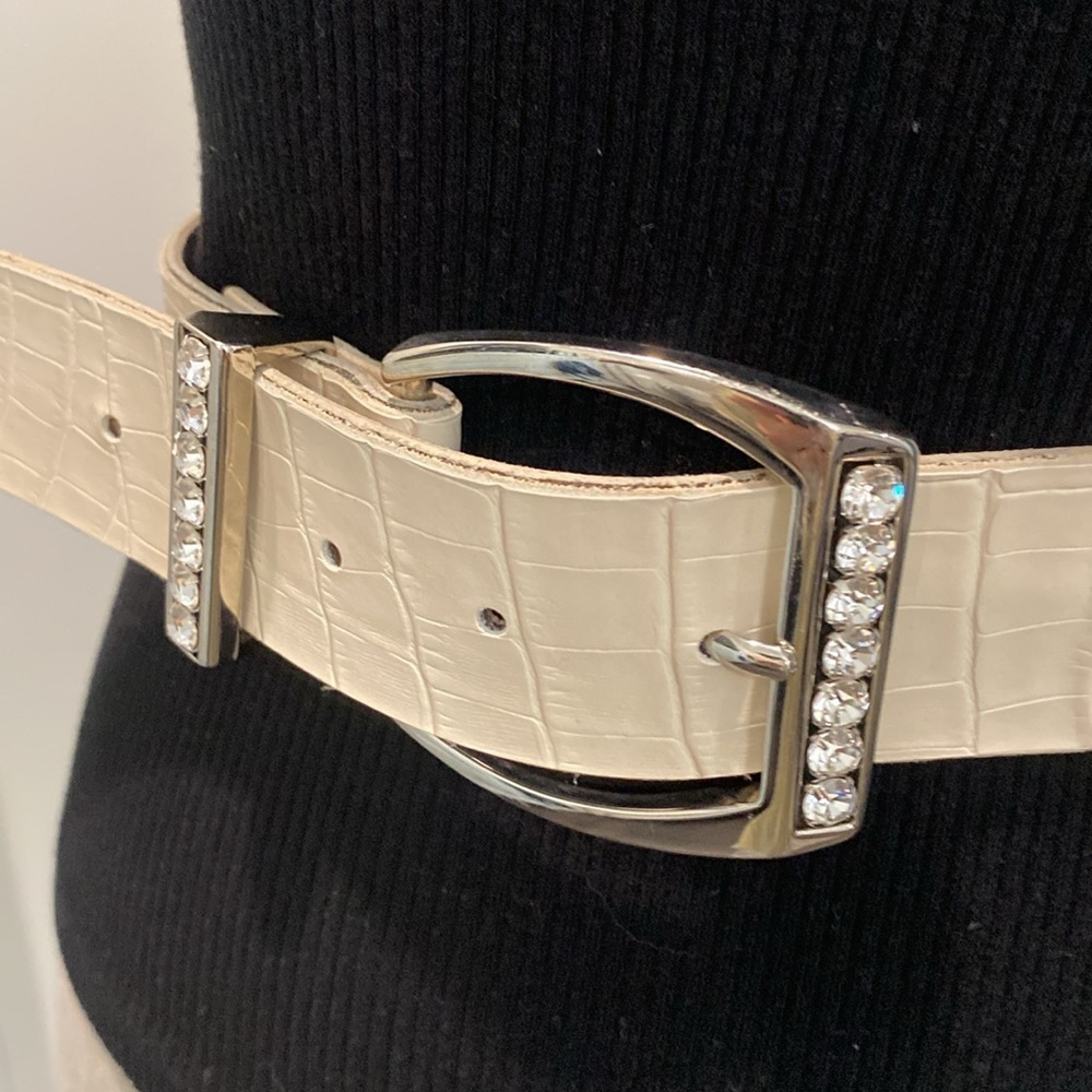 Buffalo David Bitton Cream Croc Belt Medium Rhinestone Buckle Glam Western - Picture 2 of 15
